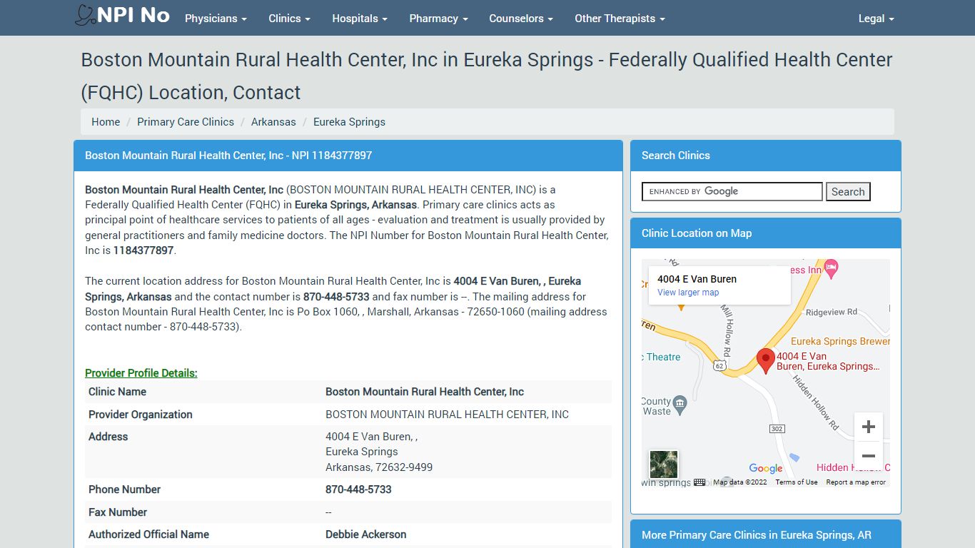 Boston Mountain Rural Health Center, Inc in Eureka Springs - NPI No